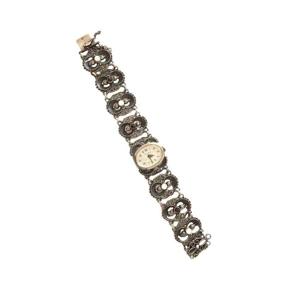 Antique Women`s Wrist Watch Bergland Filigree Sterling Silver Pearls Garnets - Picture 3 of 16